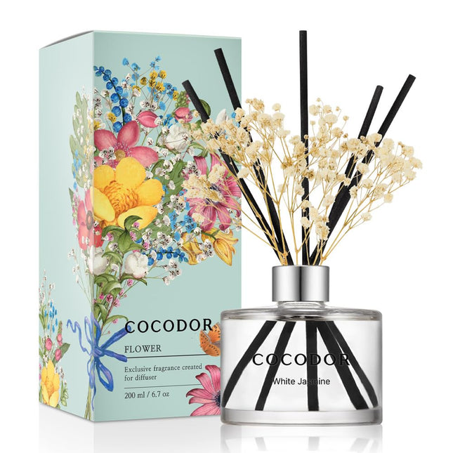 COCODOR Flower Reed Diffuser Set / 6.7Oz / White Jasmine/Scent Diffuser with Sticks Home Fragrance Reed Diffuser for Bat