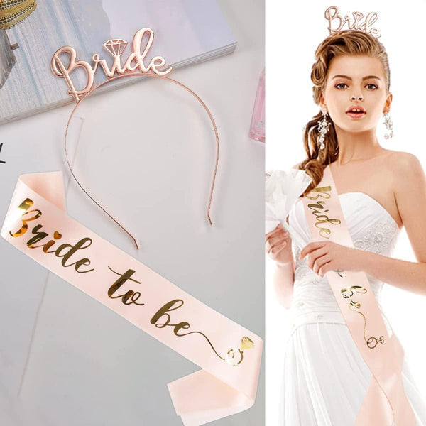 Lecone Bridal Shower Decoration, 5 Pieces Bride to Be Sash and Veil Bride Headband Tiara Garter Bridal Shower Decor Wedding Veil Set Bachelorette