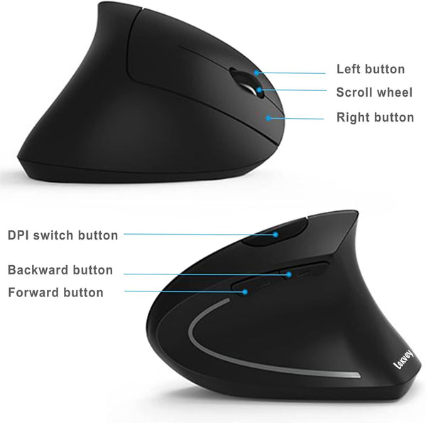 Lekvey Ergonomic Mouse, Vertical Wireless Mouse - Rechargeable 2.4Ghz Optical Vertical Mice : 3 Adjustable DPI 800/1200/1600 Levels 6 Buttons, for