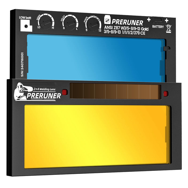 Gold Shade 5-13 2X4 1/4 Auto Darkening Welding Lens, Adjustable Gold Welding Lens 2X4 with Cool Blue Puddle Technology, 2X4 Welding Lens