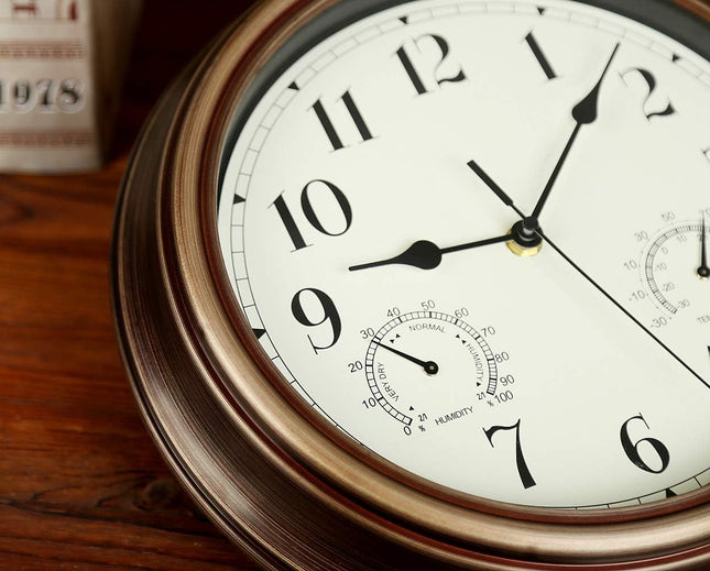 Rsobl 12 Inch Indoor Outdoor Wall Clock Waterproof with Temperature and Humidity Combo,Battery Operated Non Ticking Sile
