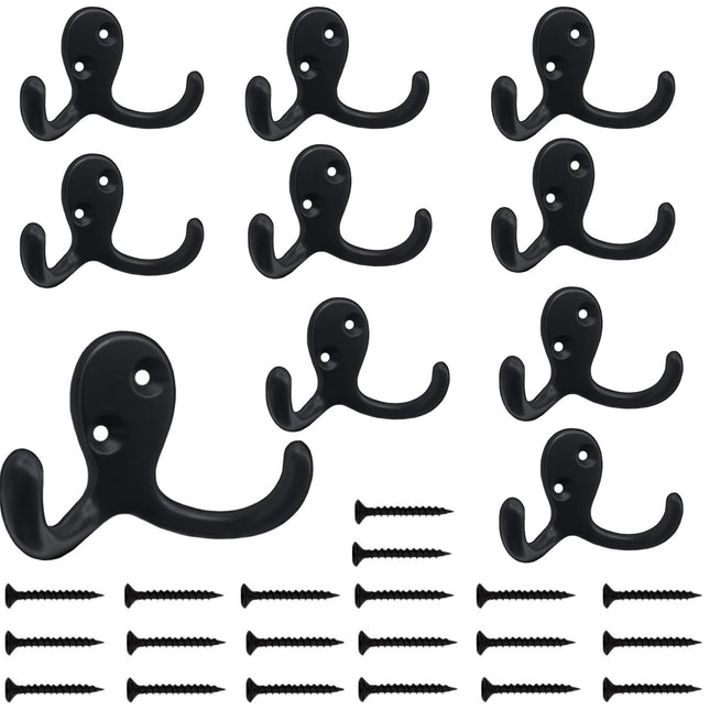 Kruodop 10 Pack Wall Hooks Wall Mounted Coat Hooks for Hanging Heavy Duty, Black Towel Hooks, Metal Double Coat Hanger w
