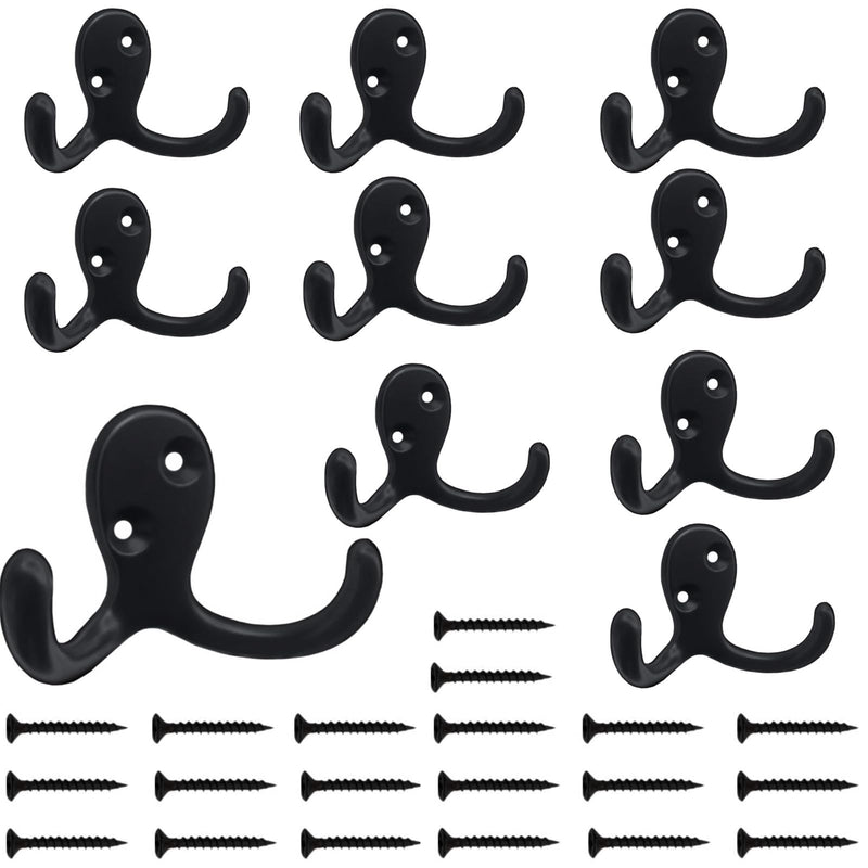 Kruodop 10 Pack Wall Hooks Wall Mounted Coat Hooks for Hanging Heavy Duty, Black Towel Hooks, Metal Double Coat Hanger with Screws Cup Retro for