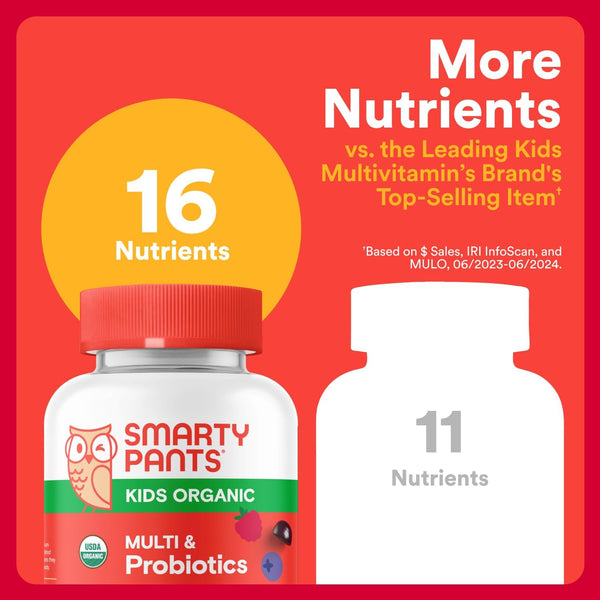 Smartypants Organic Kids Multivitamin Gummies: Probiotics, Omega 3 (ALA), Vitamin D3, C, Vitamin B12, B6, A, K & Zinc for Immune Support, Biotin,