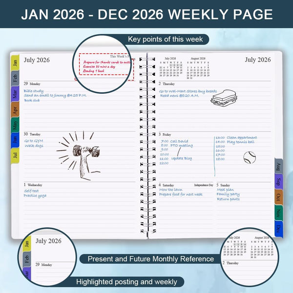 2025-2026 Planner - Weekly & Monthly Planner Runs Jul 2025 to Jun 2026, 6.25" X 8.25", 12 Monthly Tabs, 14 Notes Page, Plastic Pocket, Flexible