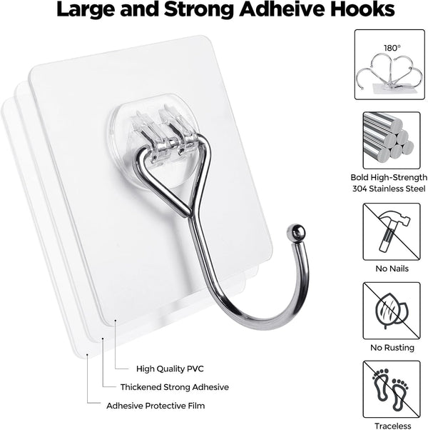 Meknow Large Adhesive Hooks Utility Hooks 8 Pack Waterproof and Rustproof Wall Hooks for Hanging Heavy Duty, Stainless Steel Robe & Towel Hanger