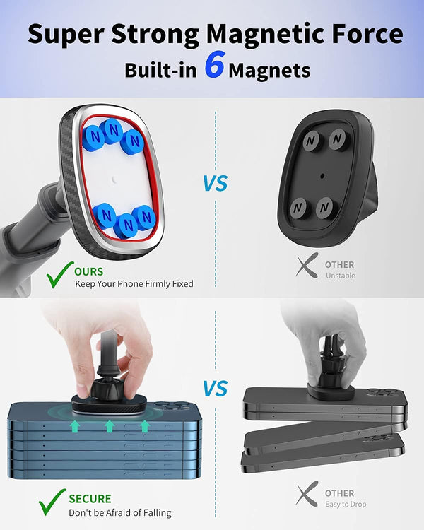 Apps2Car Magnetic Phone Mount, Dashboard Windshield Suction Cup Car Phone Holder Phone Mount with 6 Strong Magnets, Adjustable Telescopic Arm,