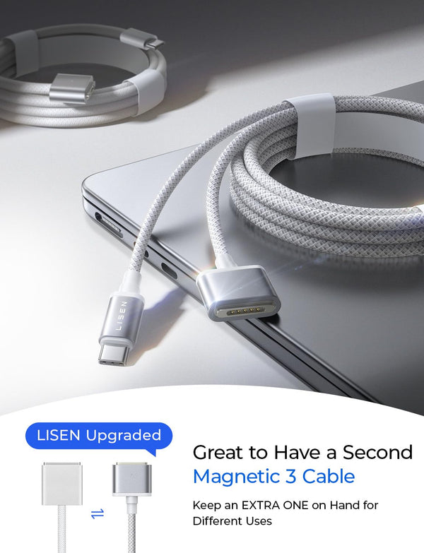 LISEN USB-C to Magnetic 3 Cable (6.6FT) for M4 Macbook Air Pro Charger, 140W Magnetic Safe 3 Cable for Macbook Air (15''/13'' M4 2025, M3 2024, M2