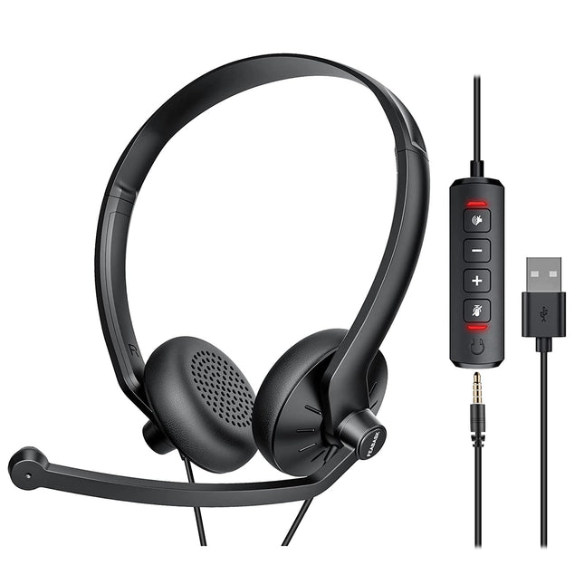 USB Headset with Microphone for PC Laptop - Wired Computer Headphones with Noise Cancelling Microphone for Home Office O