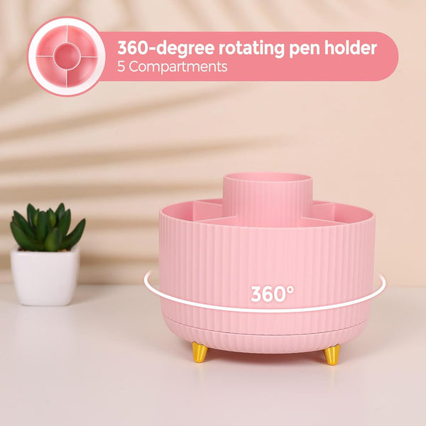 SKYDUE Pink Desk Accessories 10Pcs, 360-Degree Rotating Pen Holder, Stapler, Staple Remover, Tape Dispenser,2Pcs Tape Refills, Binder Paper Clips