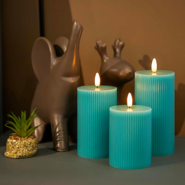 ANGELLOONG Teal Flameless Candles with Remote, Battery Operated LED Candles with Timer, Set of 3, Real Wax Fake Pillar Candles for Bathroom Living