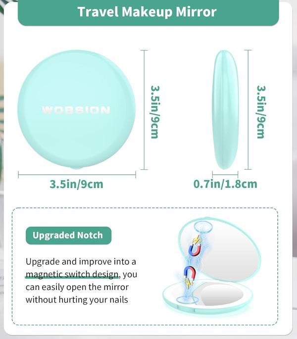 Wobsion LED Lighted Travel Makeup Mirror, 1X/10X Magnification, Compact, Portable for Handbag, Purse, Pocket, 3.5 Inch Illuminated, Folding,