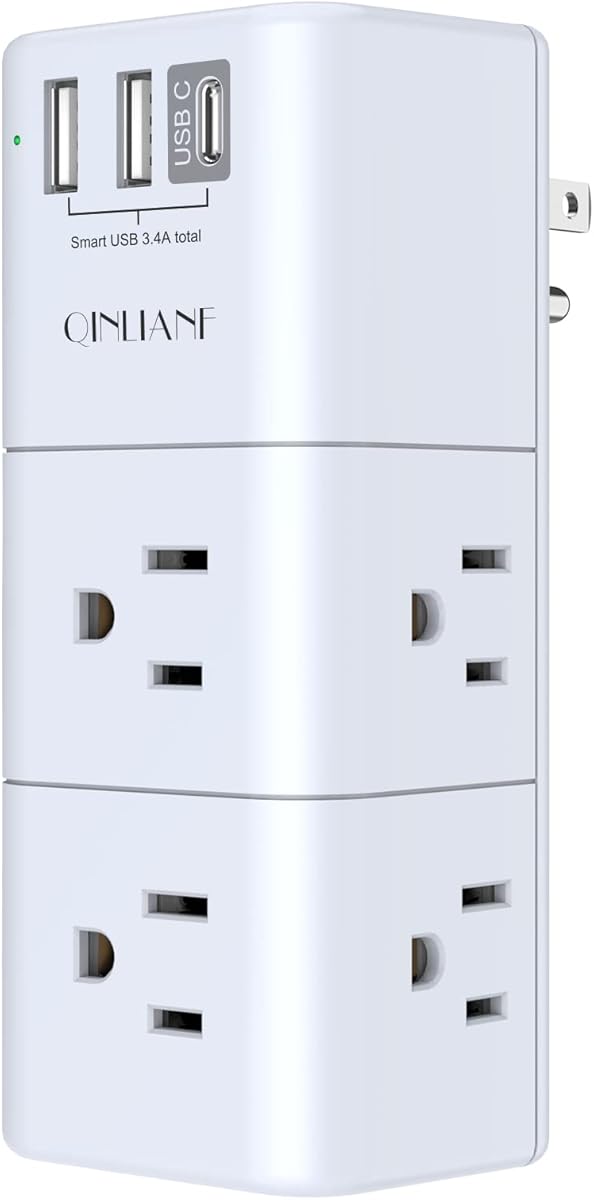 USB Outlet Extender Surge Protector - QINLIANF Rotating Plug, 3-Sided Swivel Power Strip, 6 AC Spaced Outlet Splitter and 3 USB Ports (1 USB C)