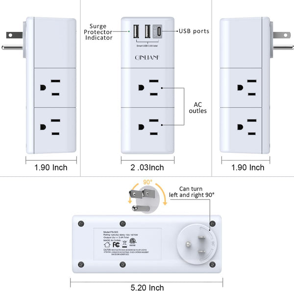 USB Outlet Extender Surge Protector - QINLIANF Rotating Plug, 3-Sided Swivel Power Strip, 6 AC Spaced Outlet Splitter and 3 USB Ports (1 USB C)