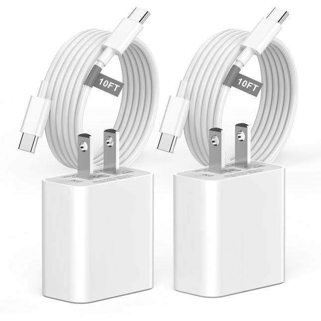 Iphone 16 15 Charger Fast Charging 10 FT, 2 Pack 20W USB C Wall Charger Block with 10FT Long Type C to C Charging Cable 