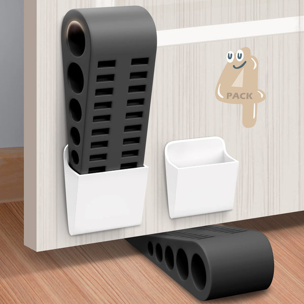Rubber Door Stoppers for Bottom of Door - 4 Pack Door Stop Wedge with Holder Heavy Duty Doorstop for Home Office Dorm Classroom Garage Stackable