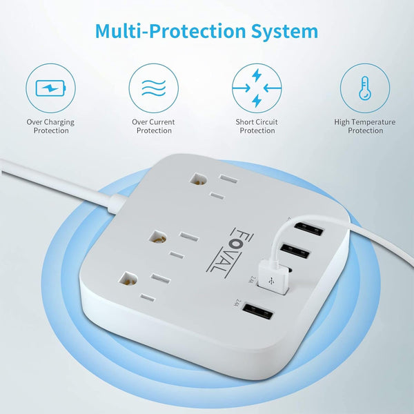 European Travel Plug Adapter, FOVAL EU UK US Power Strip with USB C and 4 USB Ports, 3 AC Outlets, Wall Mountable, 5Ft Extension Cord, Compact for