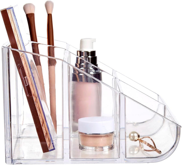 Stori Clear Plastic Vanity Makeup Organizer | 6-Compartment Holder for Brushes, Eyeshadow Palettes, & Beauty Supplies | Curved Front Design | Made