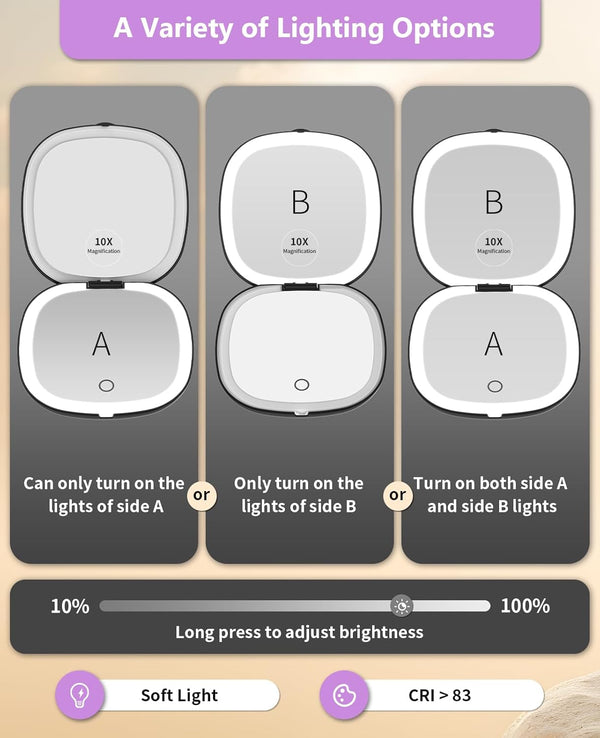 Wobsion Travel Mirror with Light, Rechargeable 1X/10X Compact Magnifying Mirror, Dimmable Pocket Mirror,Handheld 2-Side Mirror with Light,4Inch