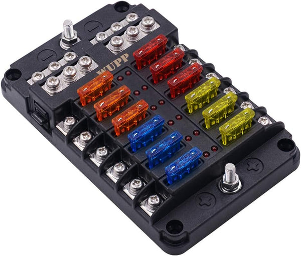 WUPP Boat Marine Fuse Block Panel with LED Warning Indicator Damp-Proof Cover - 12 Circuits with Negative Bus Fuse Box Holder Screw for Car Marine