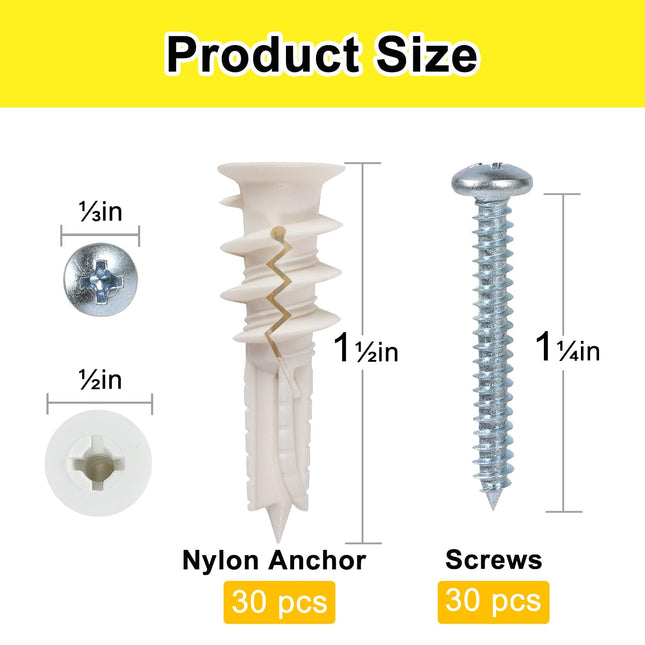 60 Pcs #8 Self Drilling Drywall Anchors,Dry Wall Anchors and Screws Kit, 30 Pcs Nylon Sheetrock Anchors and 30 Pcs #8 X 