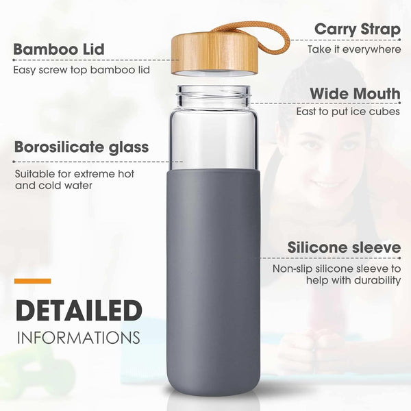 20 Oz Borosilicate Glass Water Bottle with Bamboo Lid and Silicone Sleeve â Reusable BPA Free Drinking Bottle with Lids - Cute Bottle for Women -