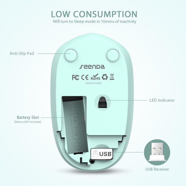 Seenda Wireless Mouse, 2.4G Noiseless Mouse with USB Receiver - Portable Computer Mice for PC, Tablet, Laptop with Windows System - Mint Green