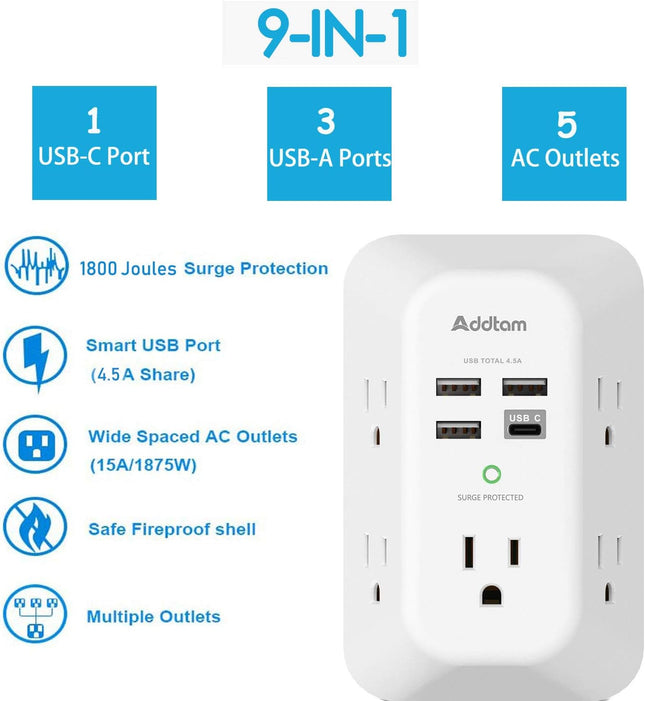 Addtam USB Wall Charger Surge Protector 5 Outlet Extender with 4 USB Charging Ports (1 USB C Outlet) 3 Sided 1800J Power
