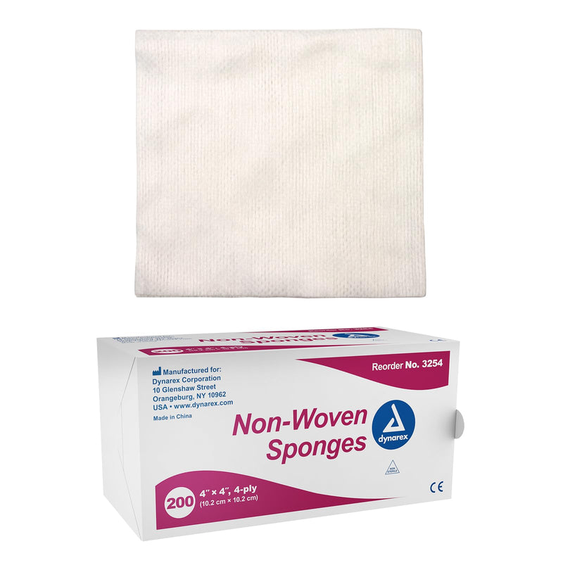 Dynarex Non-Woven Sponges, Non-Sterile, Gauze, for Cleansing, Prepping and Dressing, Highly-Absorbent, Less Linting, 4"X 4", 4 Ply, 1 Box of 200