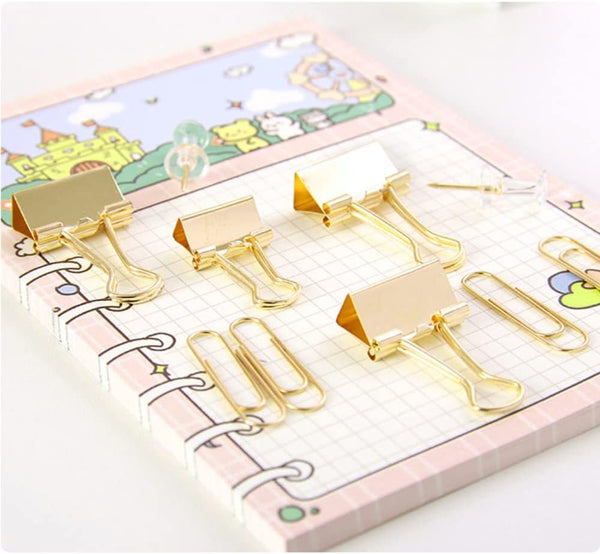 Gold Paper Clips and Binder Clips Set, Metal Assorted Sized Binders with Push Pins, Cute Gold Office Supplies for Desk, Desk Accessories