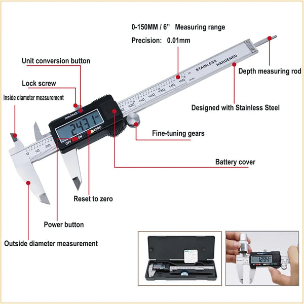Digital Caliper,Electronic Digital Calipers, YKLSXKC 0-6" Calipers Measuring Tool, Stainless Steel Construction with Large LCD Screen, Auto-Off