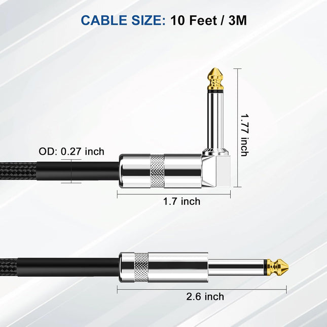 Guitar Cable, Guitar Cord 10Ft, AMP Cord for Bass & Electric Guitars/Keyboard/Mandolin, Pro Audio Instrument Cable (Righ