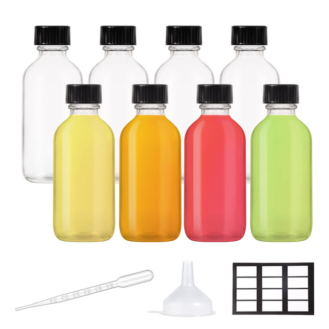 8 Pack, 2 Oz Small Clear Glass Bottles with Lid and Funnels - 60Ml Boston Shot Bottles with Caps, Immunity, Potion, Well