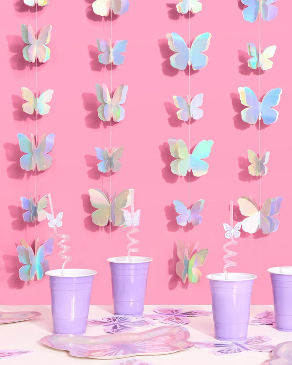 Xo, Fetti 3D Iridescent Butterfly Hanging Garland - 4 Pcs, 12' | Bachelorette Party Decorations, Birthday Supplies, Baby Shower Photo Booth, HBD,