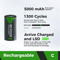 BEVIGOR Rechargeable C Batteries, 5000Mah 1.2V Nimh Precharged C Cell Batteries,Low Self Discharge Recharge up to 1300X Times,4 Pack for