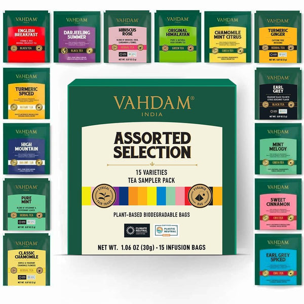 VAHDAM, Assorted Tea Sampler (15 Different Variety in Individually Wrapped Pyramid Tea Bags) Long Leaf Premium Teas I Teas Gift Set I Ideas for
