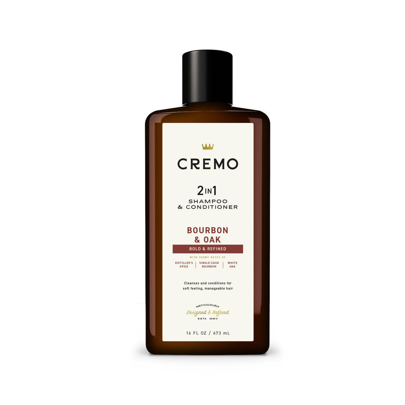 Cremo Bourbon & Oak 2 in 1 Shampoo & Conditioner for Men, a Sophisticated Blend of Distillers Spice, Fine Bourbon and White Oak, 16 Fl Oz