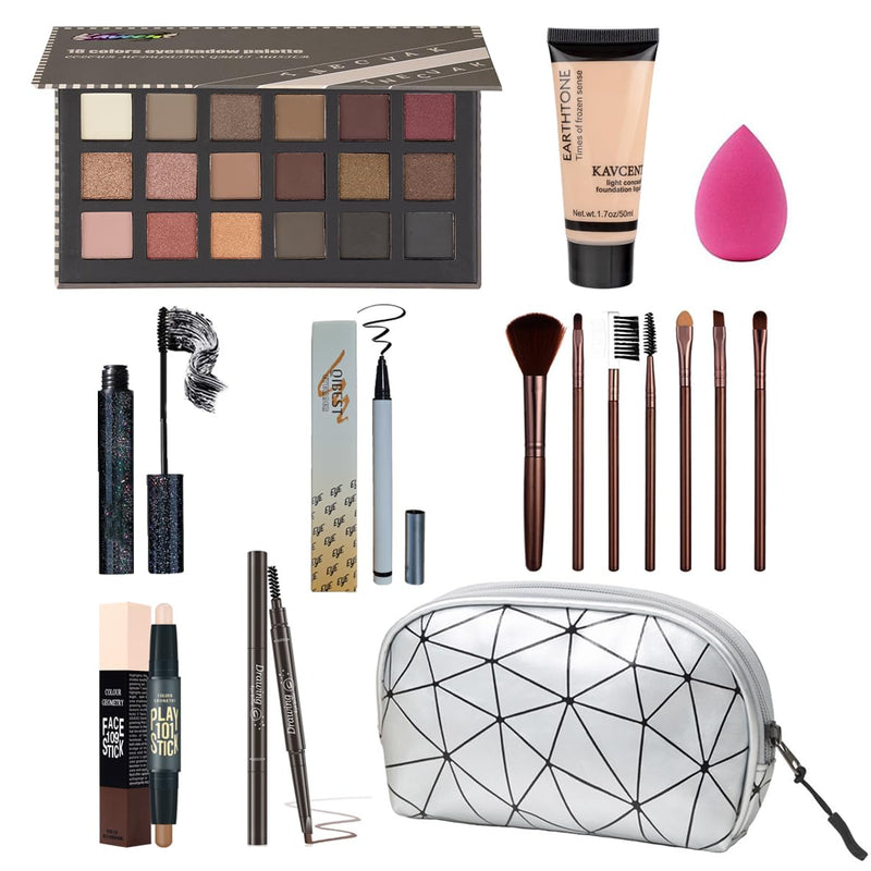 All in One Makeup Kit for Women Girls Teens Makeup Set 16 Colors Eyeshadow Palette Foundation Eyeliner Contouring Stick Lip Gloss Eyebrow Mascara
