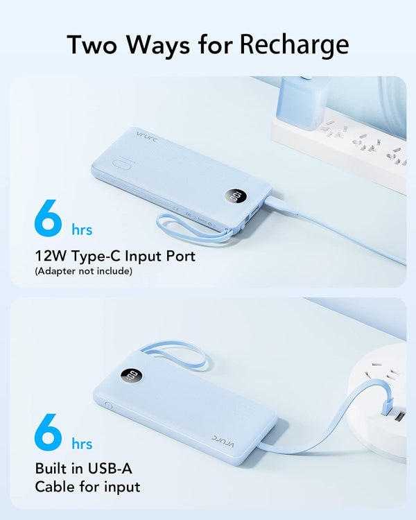 VRURC 10000Mah Power Bank Built-In Cables, Portable Charger with LED Display, Slim Travel Battery Pack with Cords, 5 Output Dual Input Phone