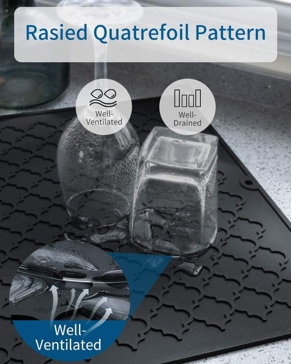 AMOAMI Dish Drying Mats for Kitchen Counter - Silicone Dish Drying Mat - Heat Resistant Mat - Black (16" X 18)
