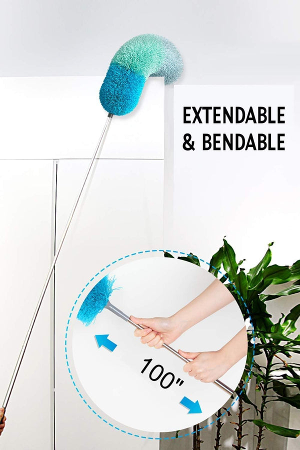 BOOMJOY Microfiber Feather Duster with 100 inches Extension Pole, Dusters for Cleaning High Ceiling, Fan, Blinds, Furniture Green