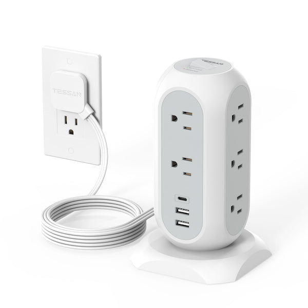 Tower Power Strip Flat Plug with 11 Outlets 3 USB (1 USB C), TESSAN Surge Protector Tower 1625W/13A,1050J Protection, 6 Feet Extension Cord with