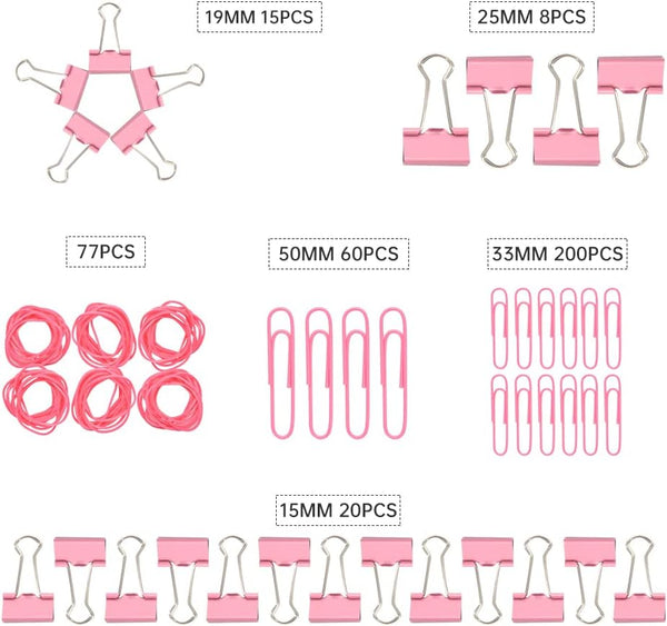 Pink Binder Clips Paper Clips,380 PCS Assorted Sizes Paperclips Paper Clamps Rubber Bands for Files, Papers, Home Supplies (Pink)