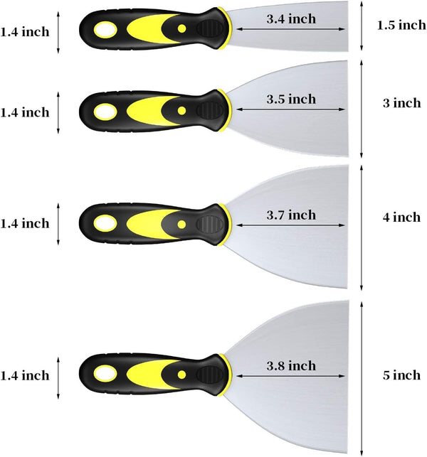 Dekeones Putty Knife Set, 4 Pack(1.5, 3, 4, 5 In) Stainless Steel Paint Scraper with Plastic Handle, Filling Spackle Knife for Cleaning,