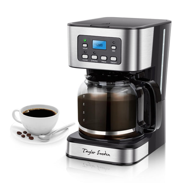 Taylor Swoden 12-Cup Programmable Coffee Maker, Regular & Strong Brew Drip Coffee Machine for Home and Office, Glass Carafe, Pause & Serve, Auto