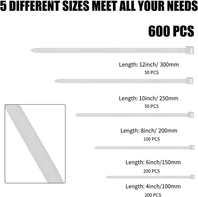 Cable Zip Ties,600 Piece Self-Locking Nylon Cableties,Assorted Sizes 4+6+8+10+12-Inch,Multi-Purpose Wire Management Plas