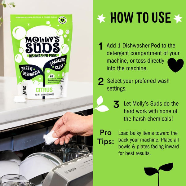 Molly'S Suds Dishwasher Pods | Clean Dishwasher Detergent, Cuts Grease & Rinses Clean (Residue-Free) for Sparkling Dishes | 60 Auto-Release Tabs