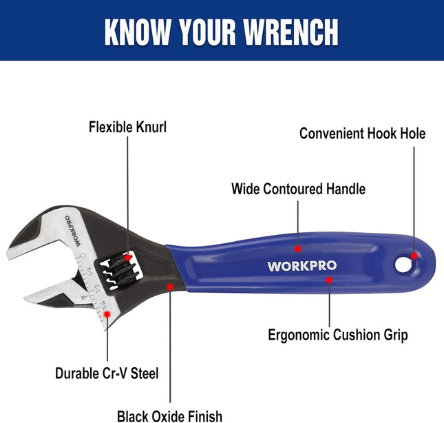 WORKPRO 6-Inch Adjustable Wrench, Cr-V Steel Wrench, Wide Jaw Black Oxide Wrench, Metric & SAE Scales, for Home, Garage,