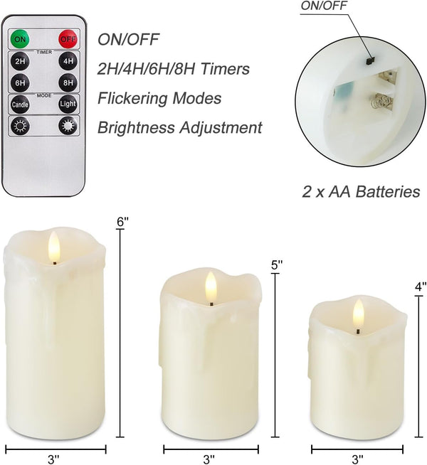 Homemory Dripping Wax Flameless LED Pillar Candles, Battery Operated with Remote Control and Timer, Set of 3, 5" H X 4" W X 6" D