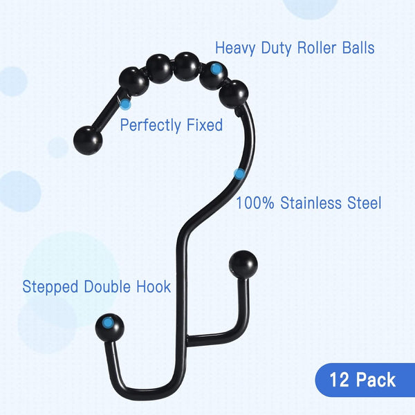 Shower Curtain Hooks, 12 Pcs Double Shower Curtain Hooks Rings, Black Shower Curtain Hooks Rust Proof, Stainless Steel Bathroom Shower Hooks for